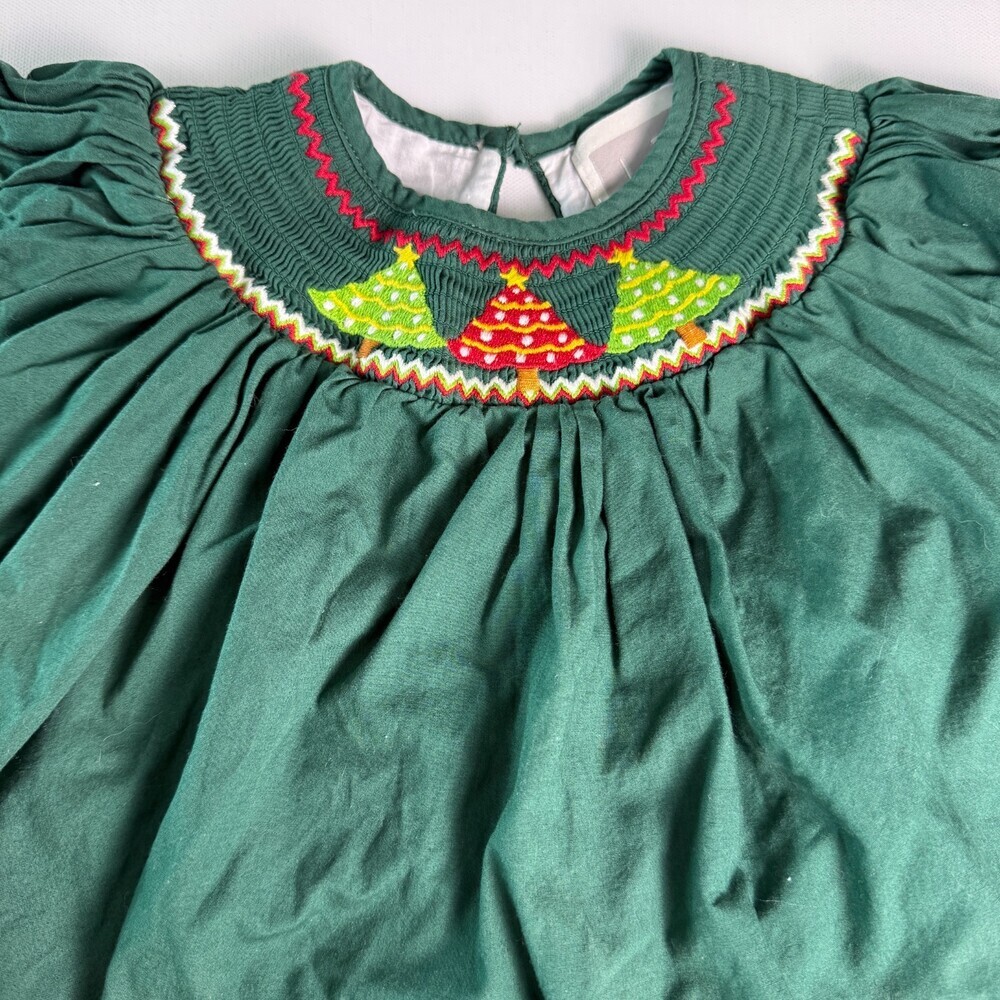 Lil Cactus Smocked Christmas Dress 3-6 Months - Green Corduroy Holiday Trees - Picture 2 of 16
